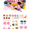 A colorful pretend play tea party set featuring various cups, cakes, and accessories for children.