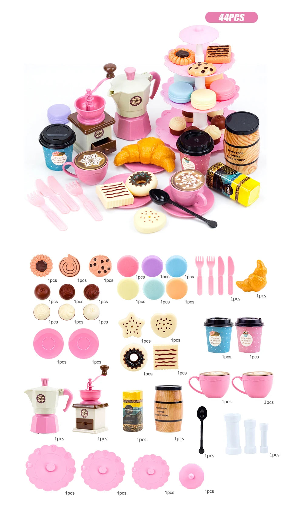 A colorful pretend play tea party set featuring various cups, cakes, and accessories for children.