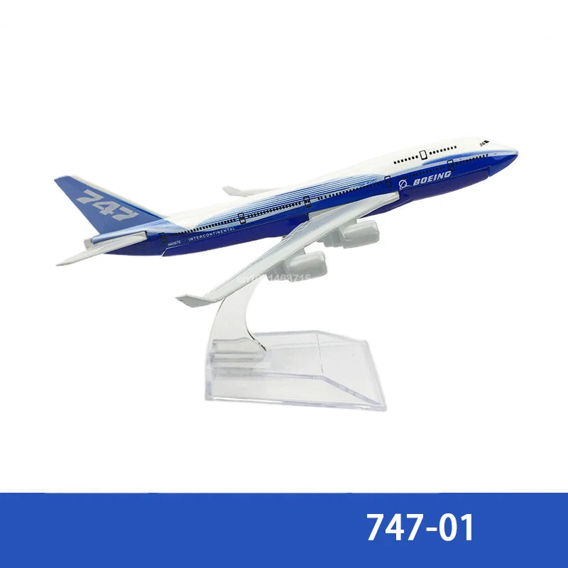 Diecast model of a Boeing 747 airplane in blue and white paint.