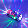A transparent police car toy with lights and music is illuminated by colorful light beams against a blue background.