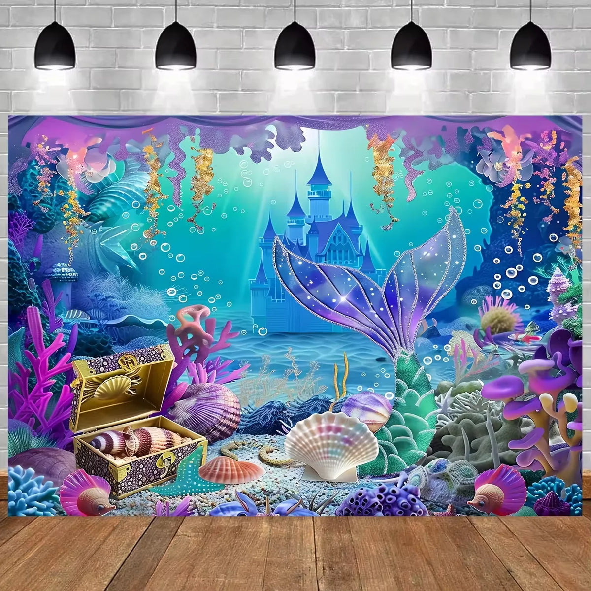 A vibrant underwater scene featuring a castle, colorful coral, sea flora, and shimmering fish for a mermaid party backdrop.