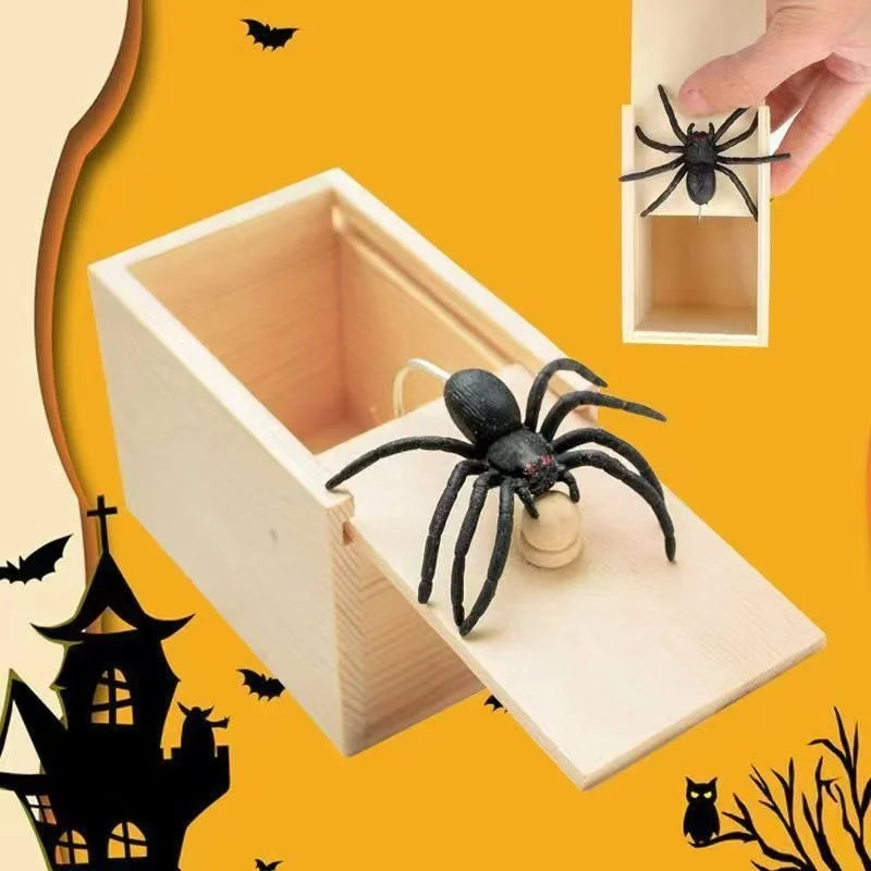 A wooden box containing a black spider, used as a funny gag gift or trick for parties and Halloween.