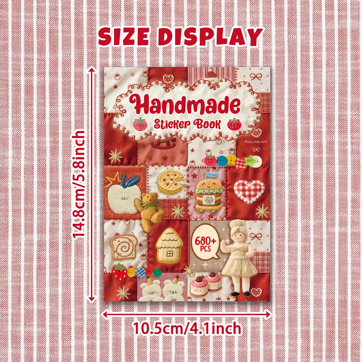 A display of a handmade sticker book featuring various vintage embroidery stickers on a red fabric background.