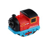 A red and black magnetic train engine with a yellow window and blue wheels.