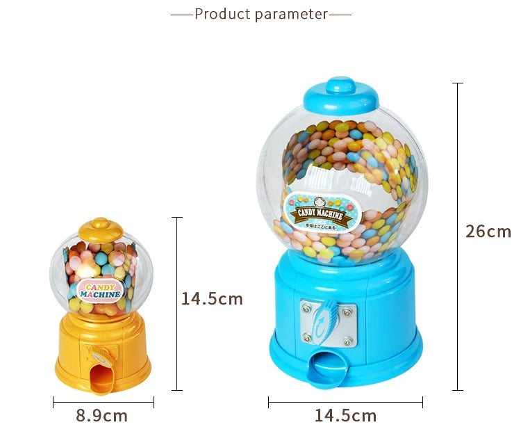 A bright blue candy machine dispenser filled with colorful gumballs and a yellow piggy bank.