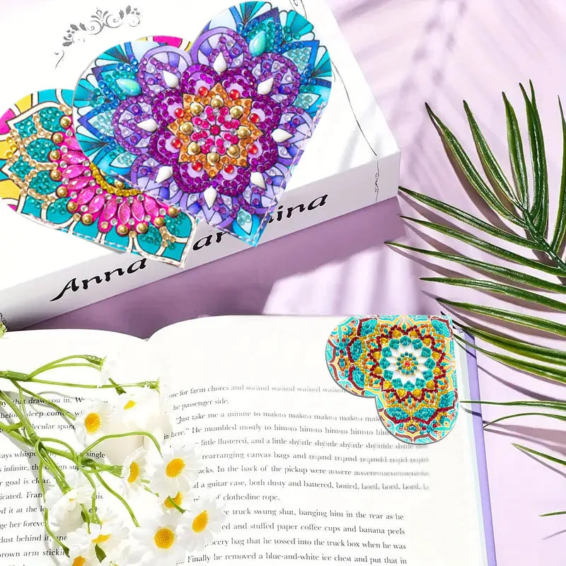 A page from a DIY Mandala Flower Diamond Art book showing colorful floral designs and text.