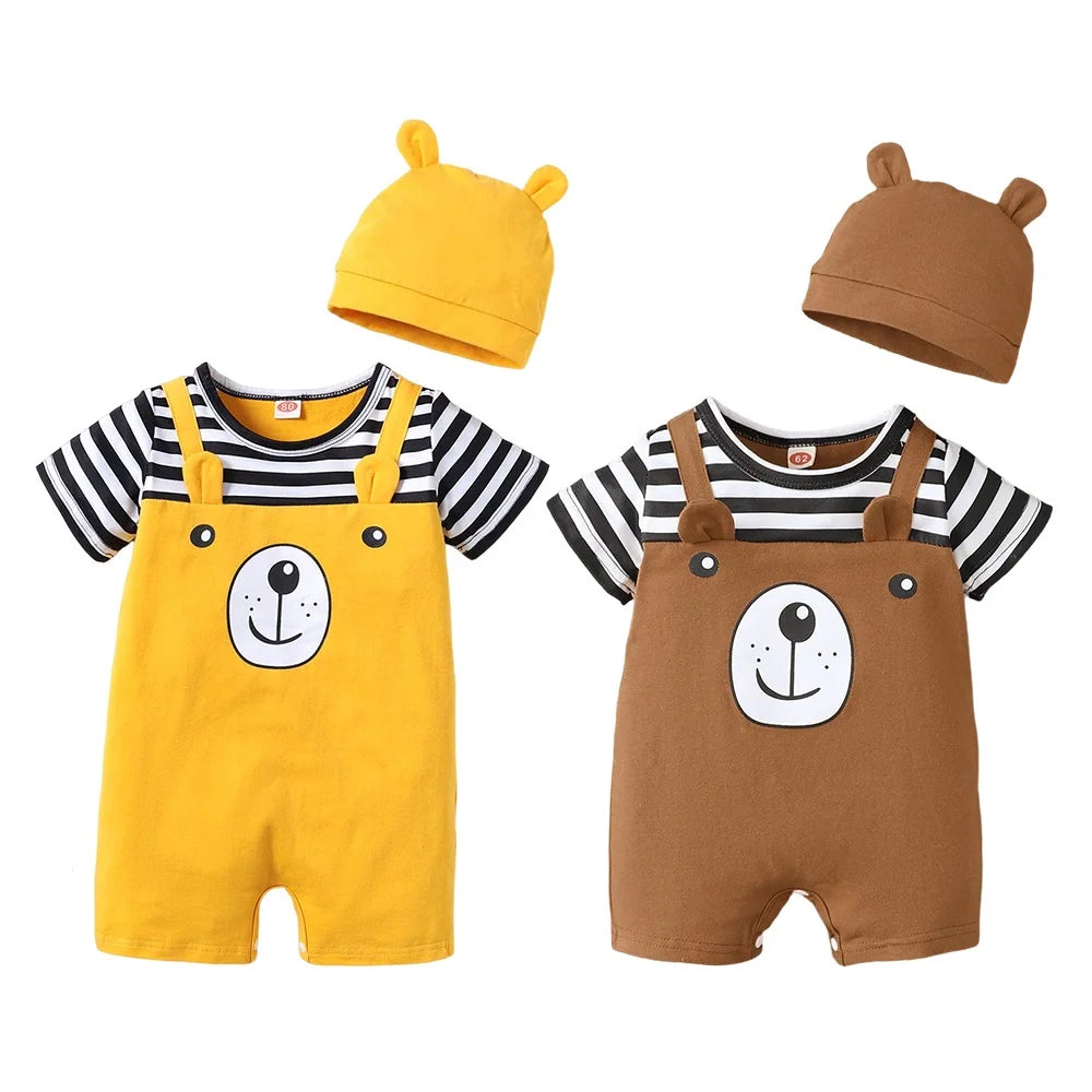 A yellow baby bear print short sleeve romper and matching brown hat.