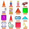 A collection of magnetic building blocks shapes including cones, triangles, squares, and other geometric forms for STEM learn