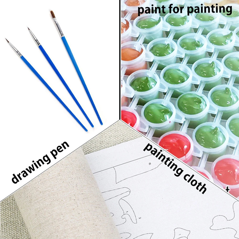 A painting kit showing a drawing pen, paint pots in various colors, and a piece of painting cloth.