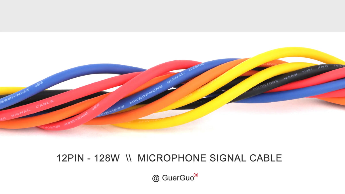 A bundle of multicolored 12-pin microphone signal cables with various colored wires.