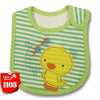 A yellow cartoon duck bib with green and white stripes, designed for baby feeding.