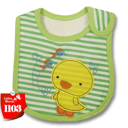 A yellow cartoon duck bib with green and white stripes, designed for baby feeding.