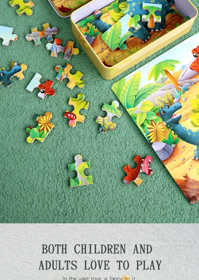 A collection of wooden animal and vehicle jigsaw puzzle pieces scattered on a green surface next to a yellow puzzle box.