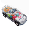 A transparent police car toy featuring colorful gears, lights, and music components.
