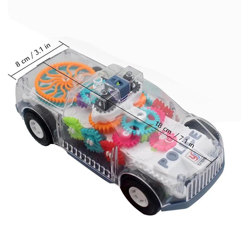 A transparent police car toy featuring colorful gears, lights, and music components.
