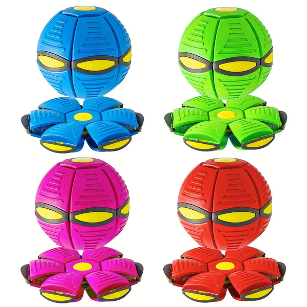 A set of colorful durable pet flying saucer ball toys for dogs, including blue, green, and pink versions.