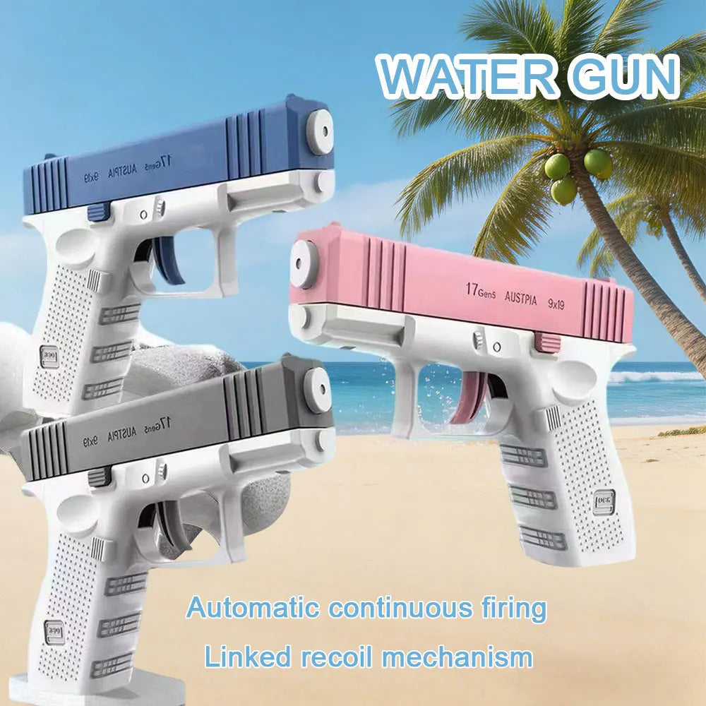 A white and pink tactical water gun pistol is shown with a palm tree background, demonstrating automatic continuous firing.