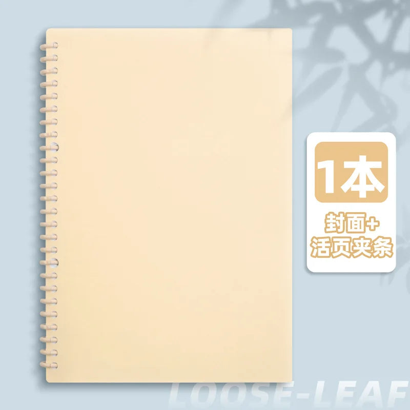 A light beige spiral notebook with a brown cover and a label indicating one book plus historical data.