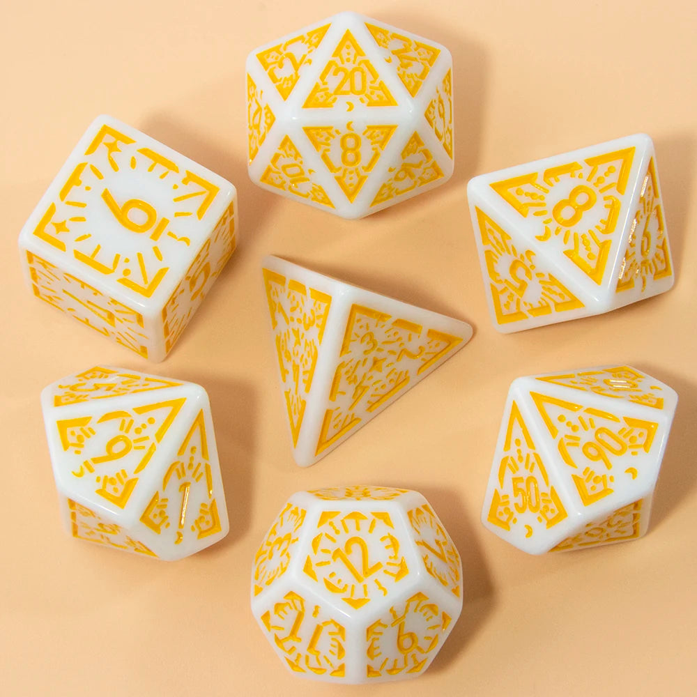 A collection of seven white and orange fantasy carved polyhedral dice set for tabletop role-playing games