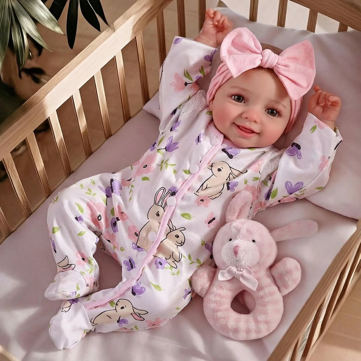 A baby doll wearing a pink bow and a floral outfit is lying on a light pink surface.