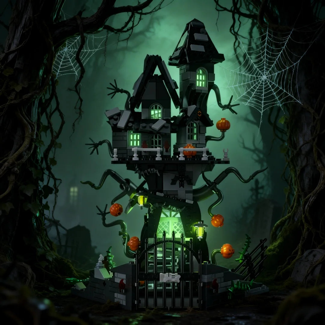 A miniature gothic building set featuring a skeleton hand and rose cross structure in a dark, overgrown forest setting.