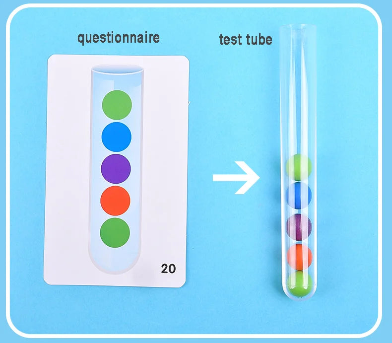 A questionnaire with colored beads and a test tube containing similarly colored beads.
