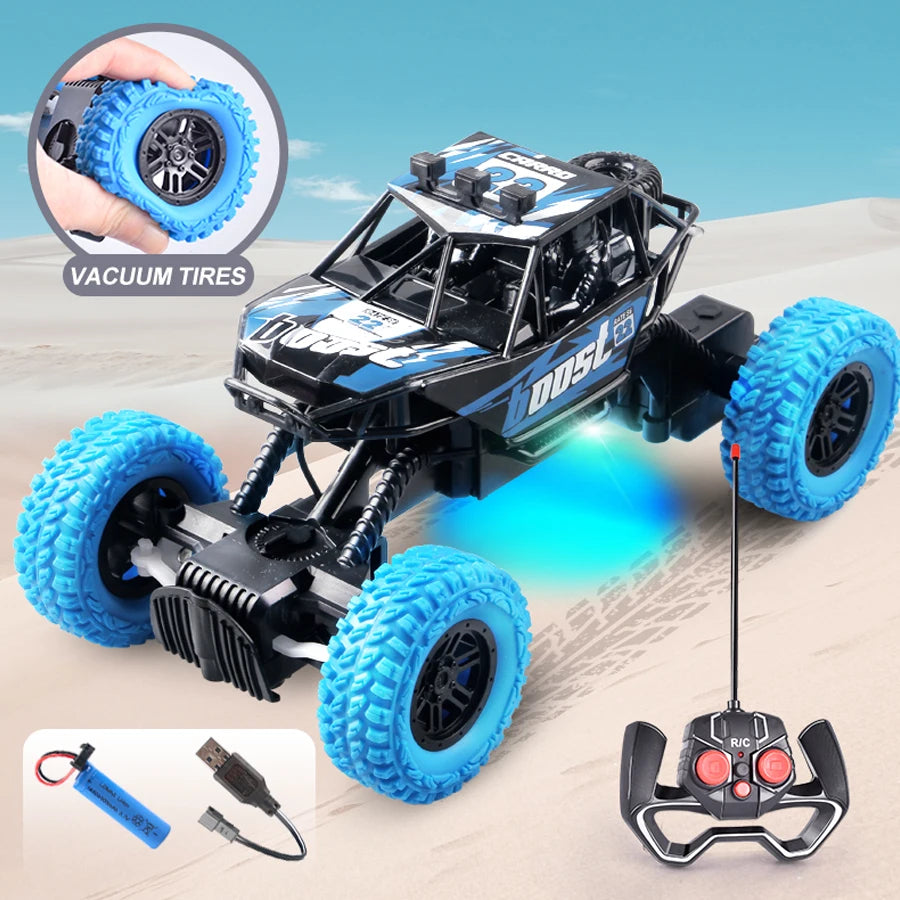 A black off-road remote control car with blue tires and flashing lights is shown alongside its battery and controller.