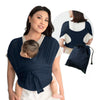 A woman is wearing a navy blue X-shaped baby sling carrier with multifunctional back support, shown alongside a product view.