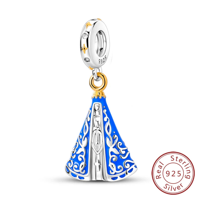 Sterling silver charm beads set featuring cross, angel, and evil eye designs for DIY jewelry making