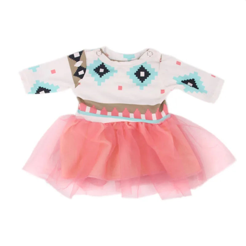 Handmade doll dress for 18-inch American Girl dolls featuring a white top and pink tulle skirt with geometric patterns