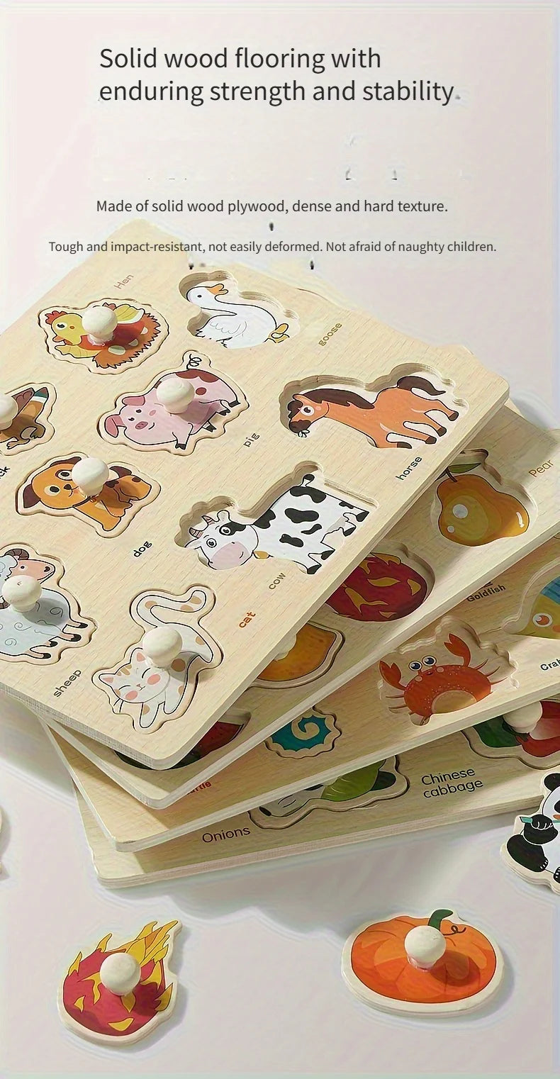 A wooden shape matching puzzle board featuring various animal and vegetable cutouts for early learning.