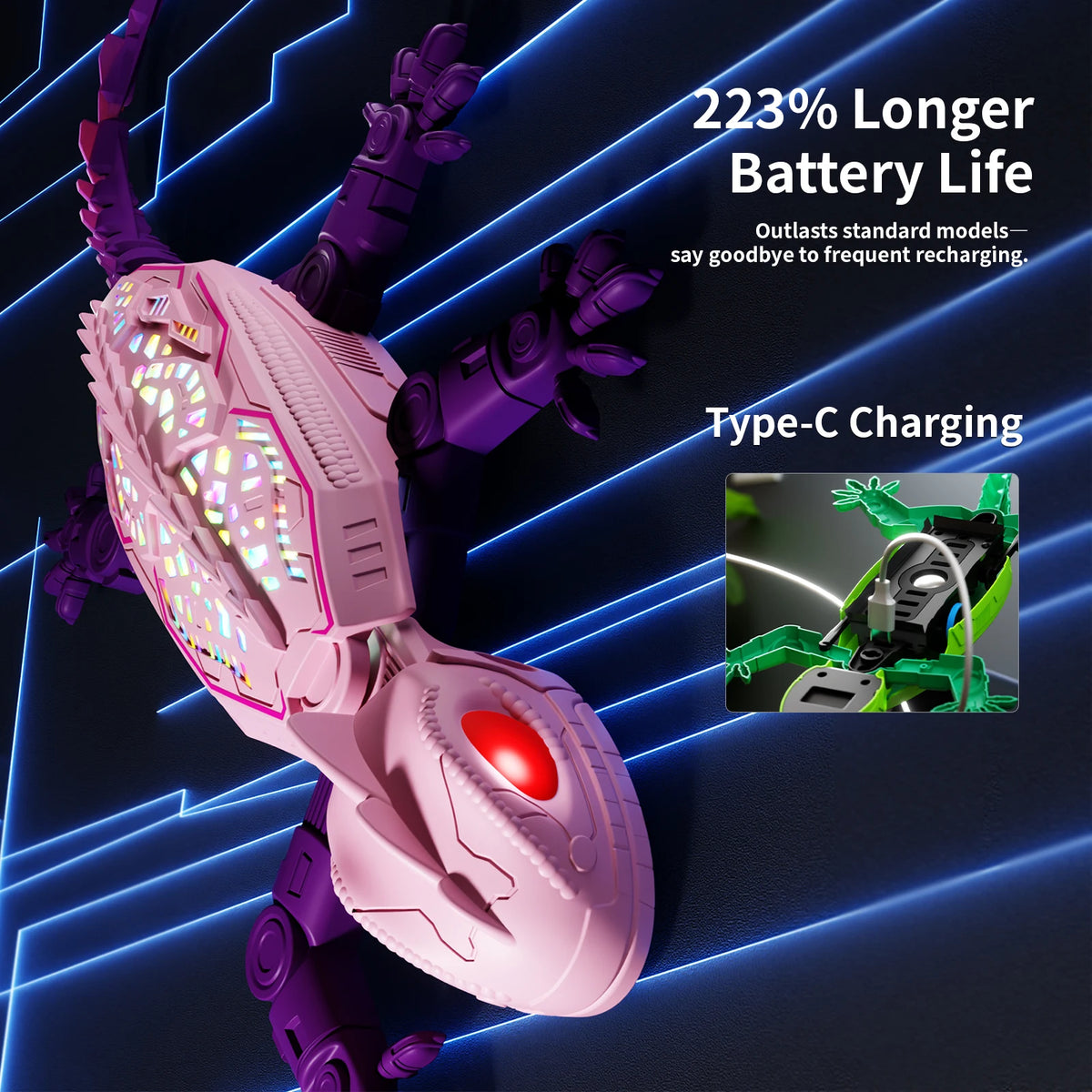 Pink wall-climbing gecko remote control toy with Type-C charging cable