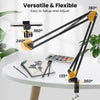 A flexible gooseneck arm tripod with a phone mount is shown in various angles and setups for versatile use.