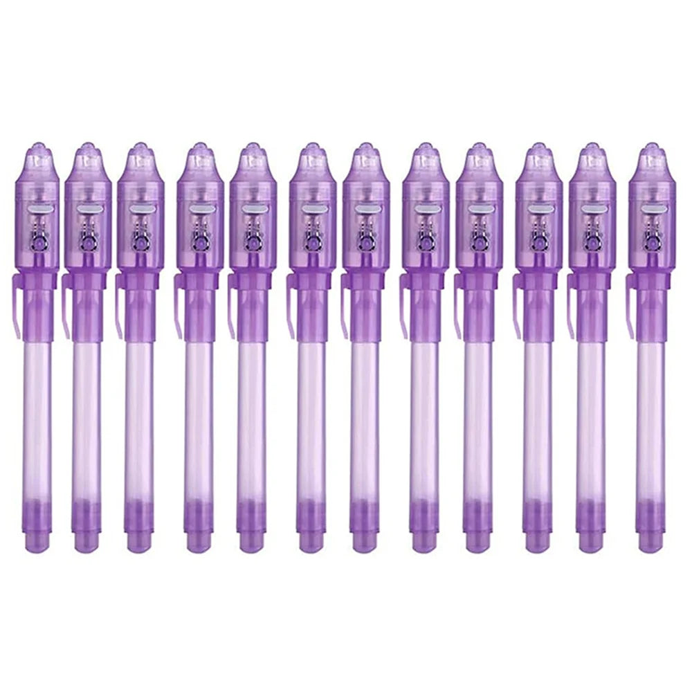 A set of purple invisible ink spy pens with UV light for writing secret messages