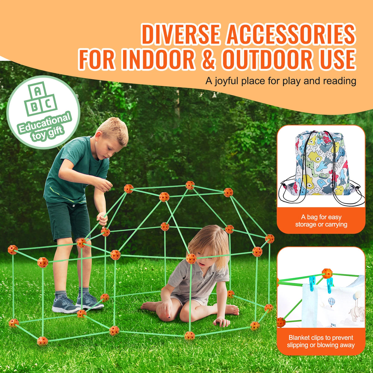 A child plays with a green educational toy kit that forms a structure on the grass.