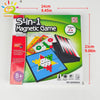 A box for a 5-in-1 magnetic game set featuring various board games and magnetic pieces.