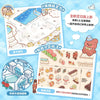 A colorful illustration showing various map sections and miniature scenes for scrapbooking and journaling