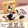 A box of a 3D block puzzle cube with 120 levels and accessories displayed on a wooden surface.