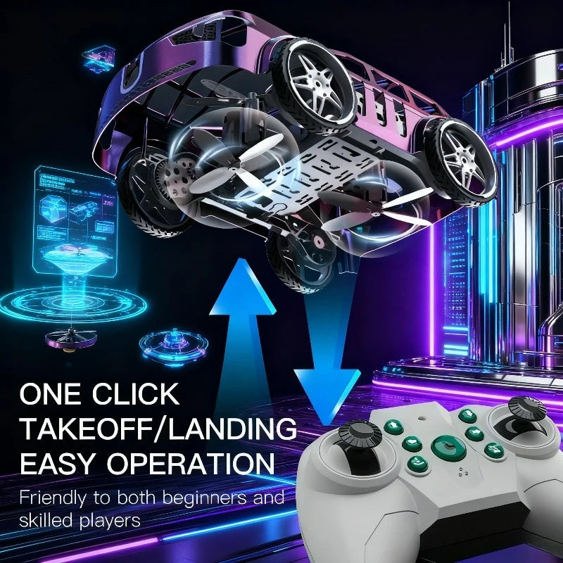A pink and purple RC car drone is shown transforming, with a game controller nearby, demonstrating easy operation.