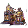 A detailed miniature dollhouse kit of a seaside beach house with architectural features and LED lighting.