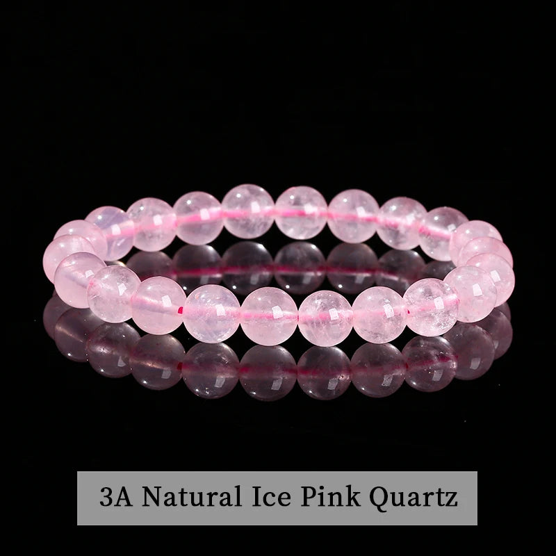 A stack of 3A natural ice pink quartz stretch bracelets displayed against a black background.