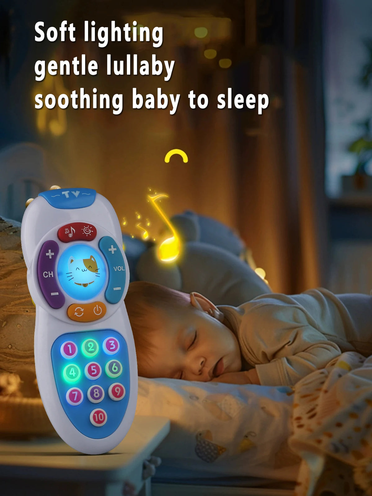 A white interactive baby remote control toy with lights and music is shown next to a sleeping baby.