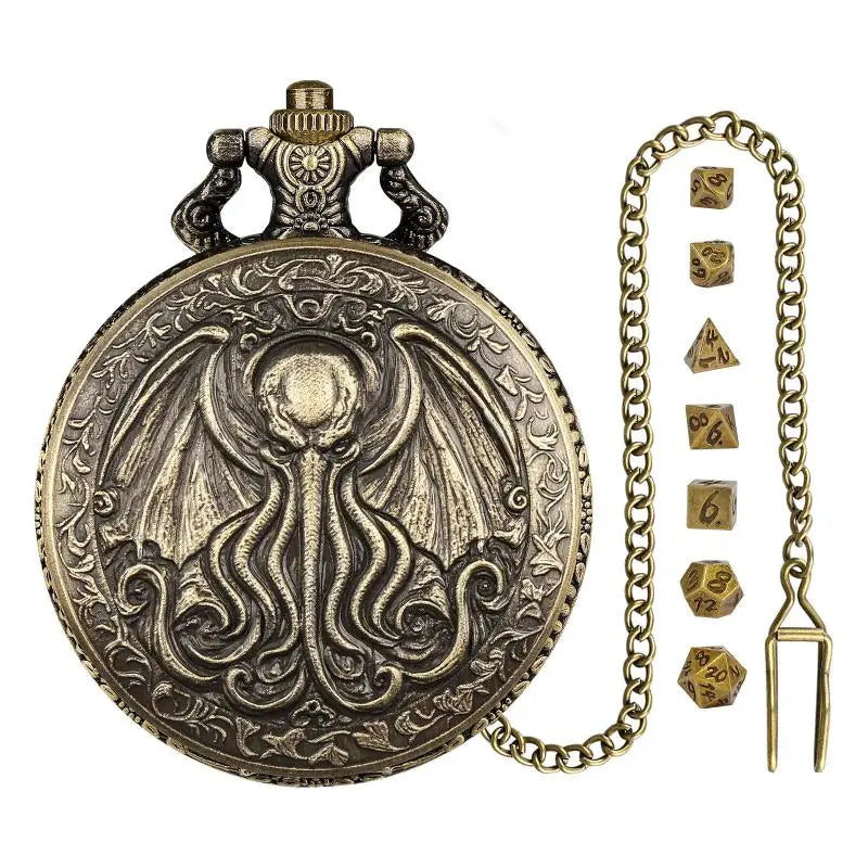 Metal Polyhedral Dice Set with Pocket Watch Case