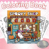 Cover of a coloring book featuring a spooky shop storefront with Halloween themes and characters.