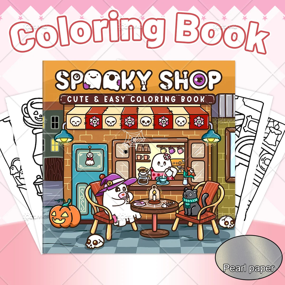 Cover of a coloring book featuring a spooky shop storefront with Halloween themes and characters.
