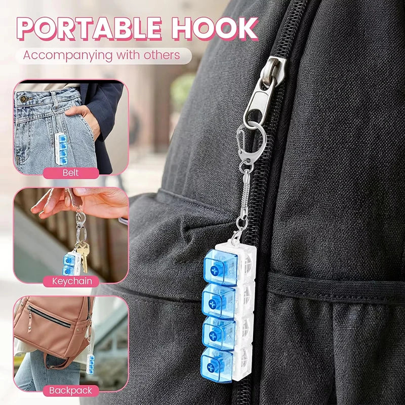 A portable hook accessory is shown attached to a black jacket, demonstrating its use with belts and backpacks.