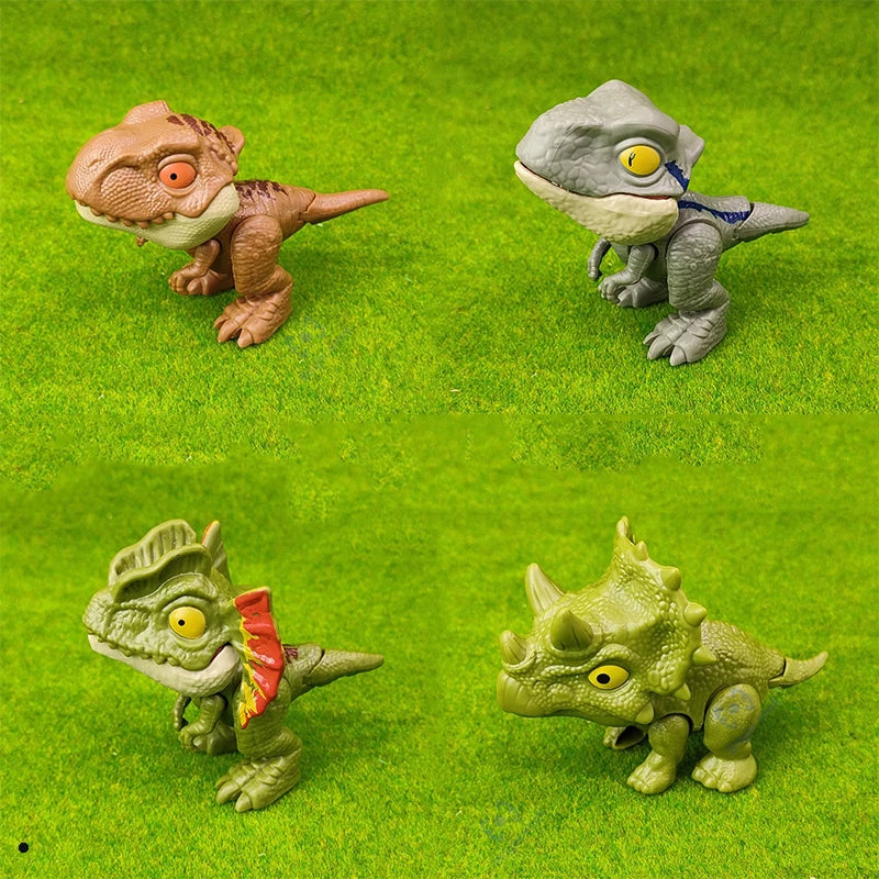 Three plastic dinosaur fossils of different species are displayed on green textured surface.