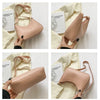 A light nude pink PU square crossbody bag with a leather strap shown in multiple angles against a cream background.