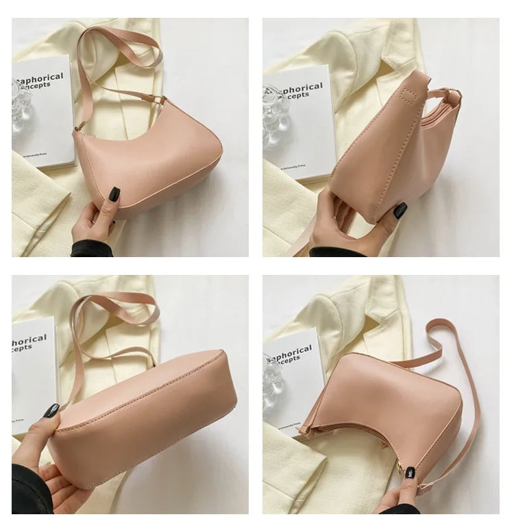 A light nude pink PU square crossbody bag with a leather strap shown in multiple angles against a cream background.