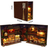 A wooden book nook kit featuring a detailed Japanese alley miniature scene with illuminated displays.